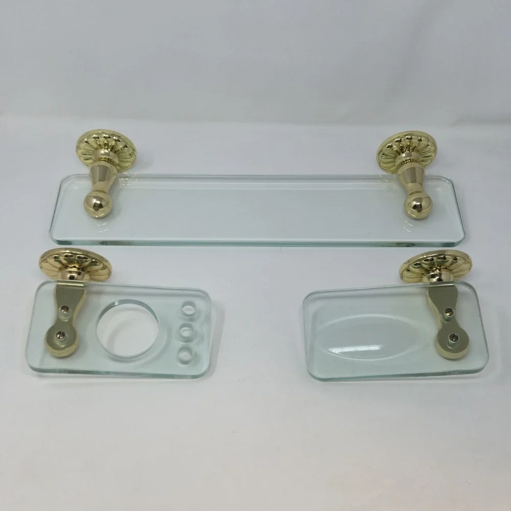 Vintage Solid Brass Glass Bathroom Hardware Set Shelf+Soap Dish+Brush Holder